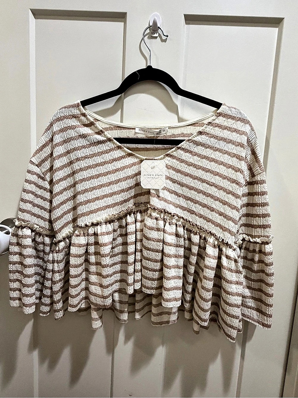 NWT Altar’d State Striped Peplum Top Cream Taupe XXS